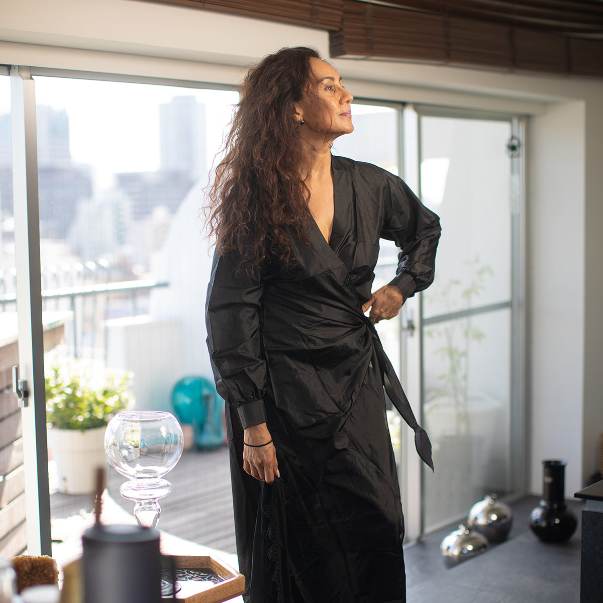 Nia Silk Wrap Dress - Black