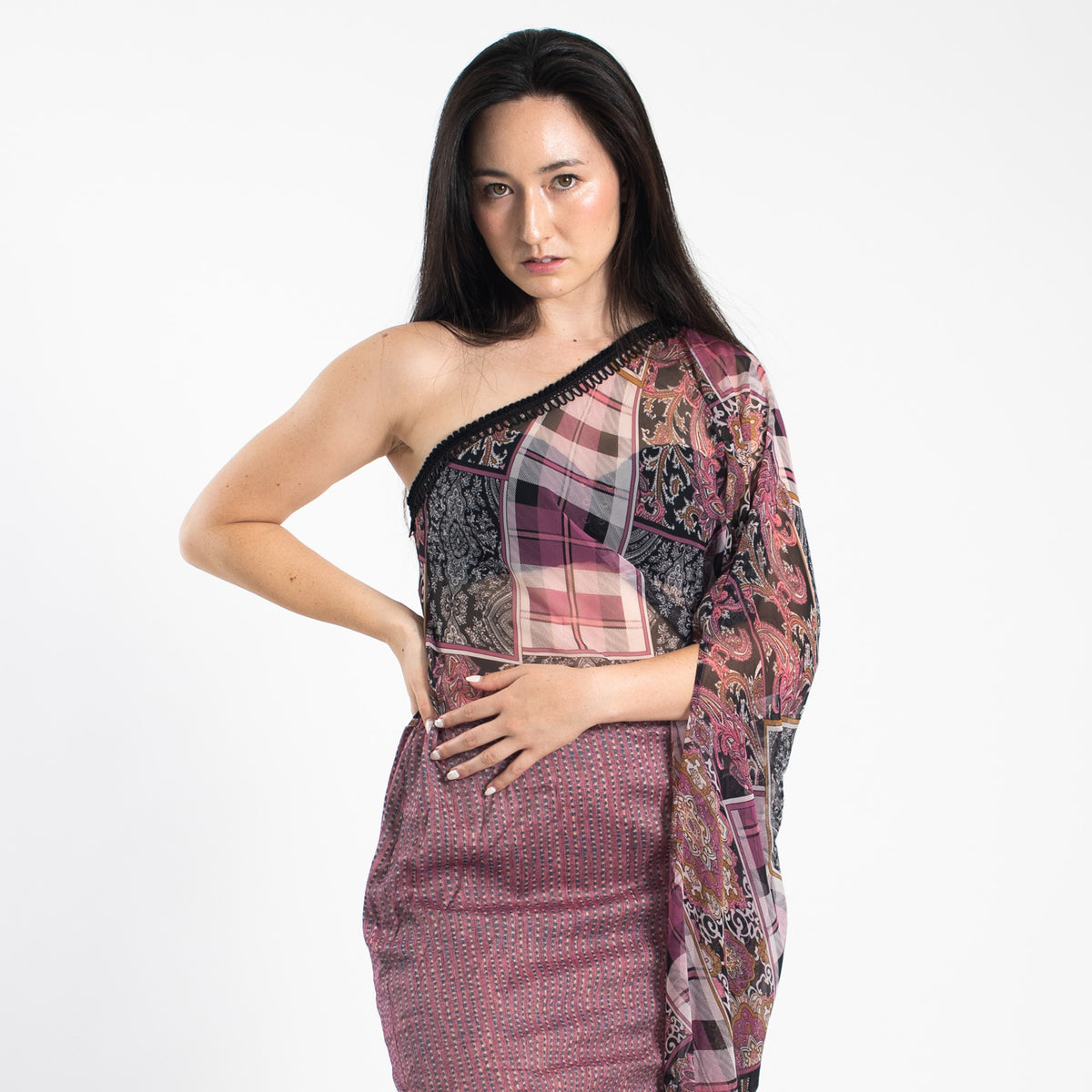 Georgette dress (with one-shoulder cut-and-sew) Pink