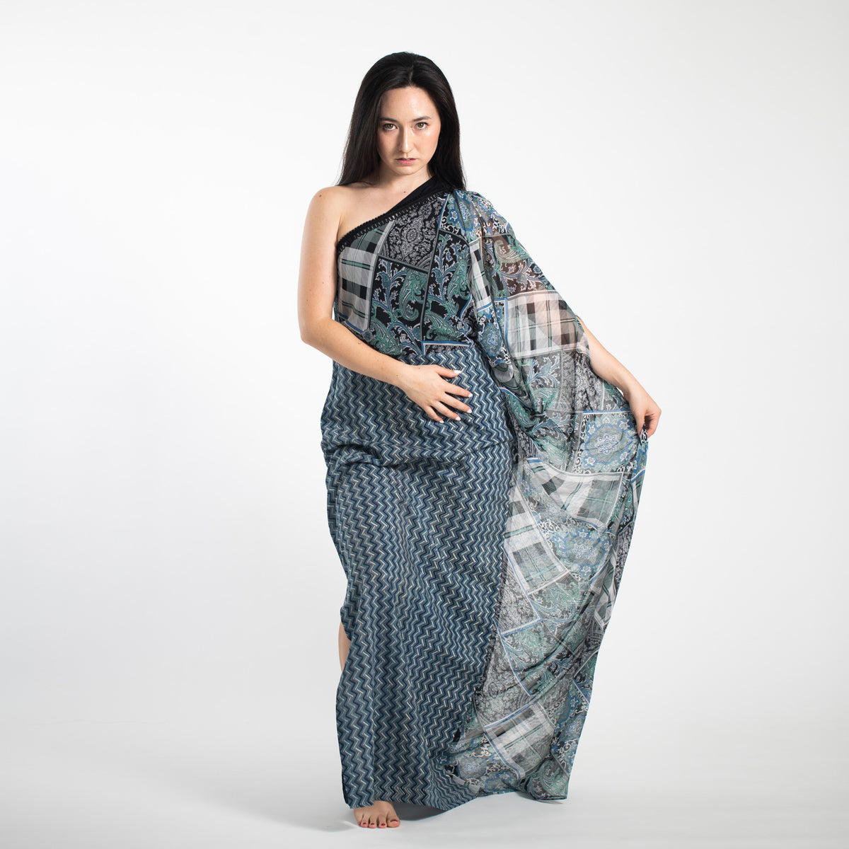 Georgette dress (with one-shoulder cut-and-sew) Blue