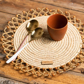 palm mat with wooden beads