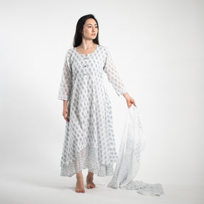 Pure cotton long dress &amp; stole petite pattern gray